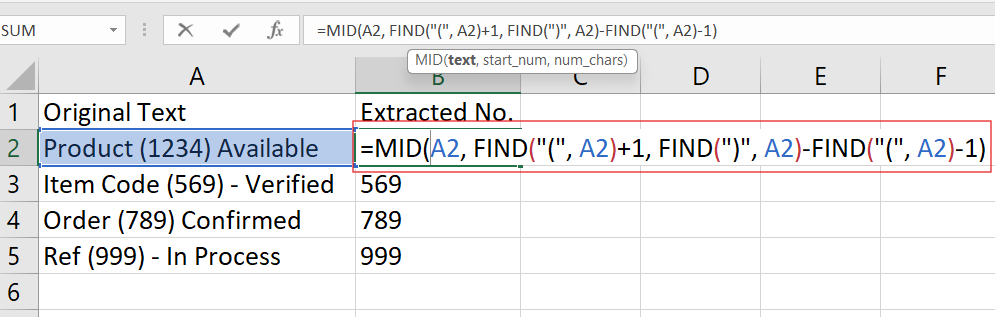 Extrahiere die in Klammern gesetzten Zahlen in Excel.
