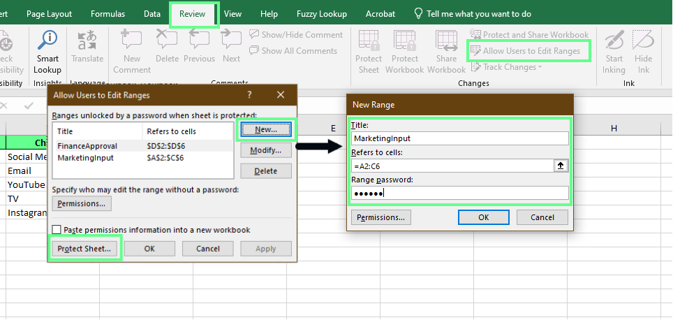 Bloquear rangos específicos utilizando la opción Permitir que los usuarios editen el rango en Excel.