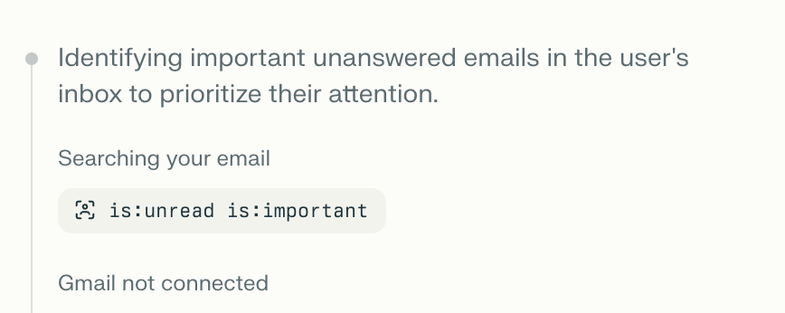 Perplexity AI intenta conectarse a Gmail para encontrar correos electrónicos importantes no leídos con un comando de búsqueda; la cuenta de Gmail no está conectada.