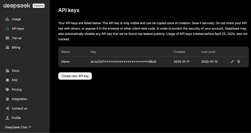 Deepseek create new API Key