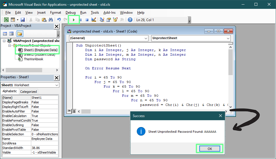 Aufheben des Blattschutzes mit einem VBA-Makro in Excel.