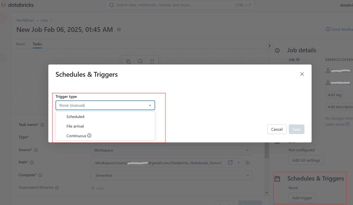 Configuração de programações e acionadores no Databricks Notebook.