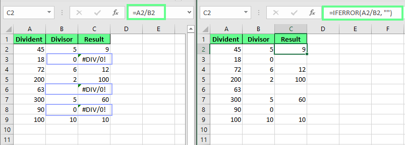 Behandlung des Fehlers #DIV/0! mit der Funktion IFERROR() in Excel