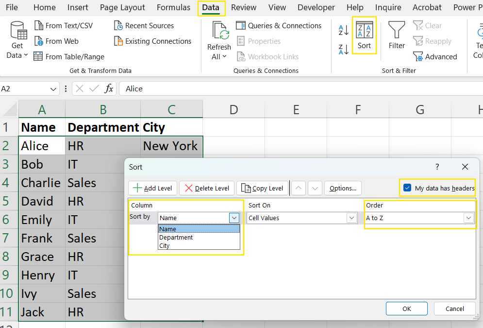 Mit dem Dialogfeld "Sortieren" kannst du einzelne Spalten in Excel alphabetisch ordnen.