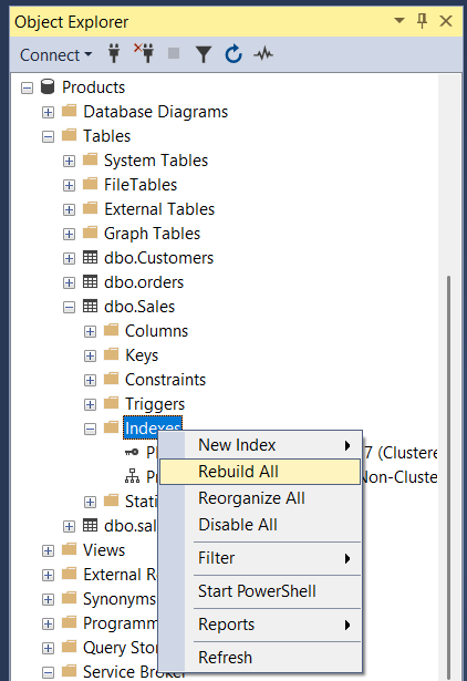 Right-click the index, then go to Rebuild All.