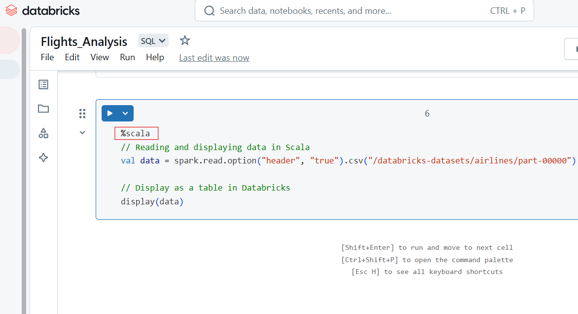 Código Scala no Databricks Notebook.
