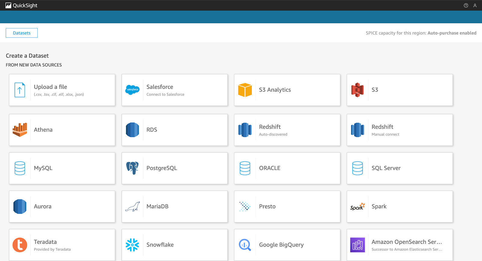 Capture d'écran de la console QuickSight montrant les options d'importation de données disponibles (partie 01).
