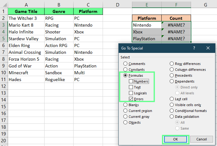 Markiere Fehler mit dem Werkzeug "Gehe zu Spezial" in Excel.