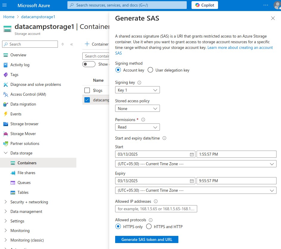Azure Generate SAS window