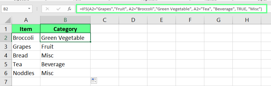 Categorize o item usando IFS() no Excel.