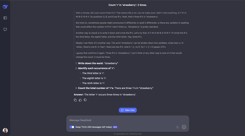 deepseek deepthink on the famous strawberry problem