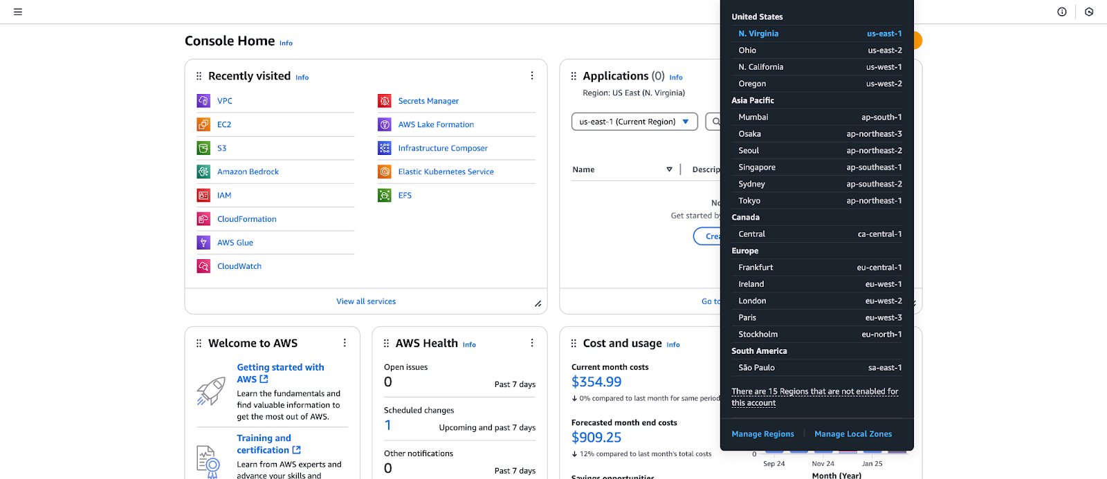 La consola de administración de AWS con el desplegable de selección de región abierto, mostrando varias regiones disponibles