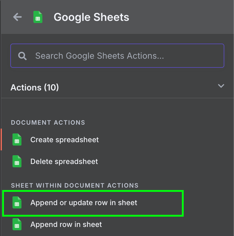 Selecting a Google Sheets node in n8n