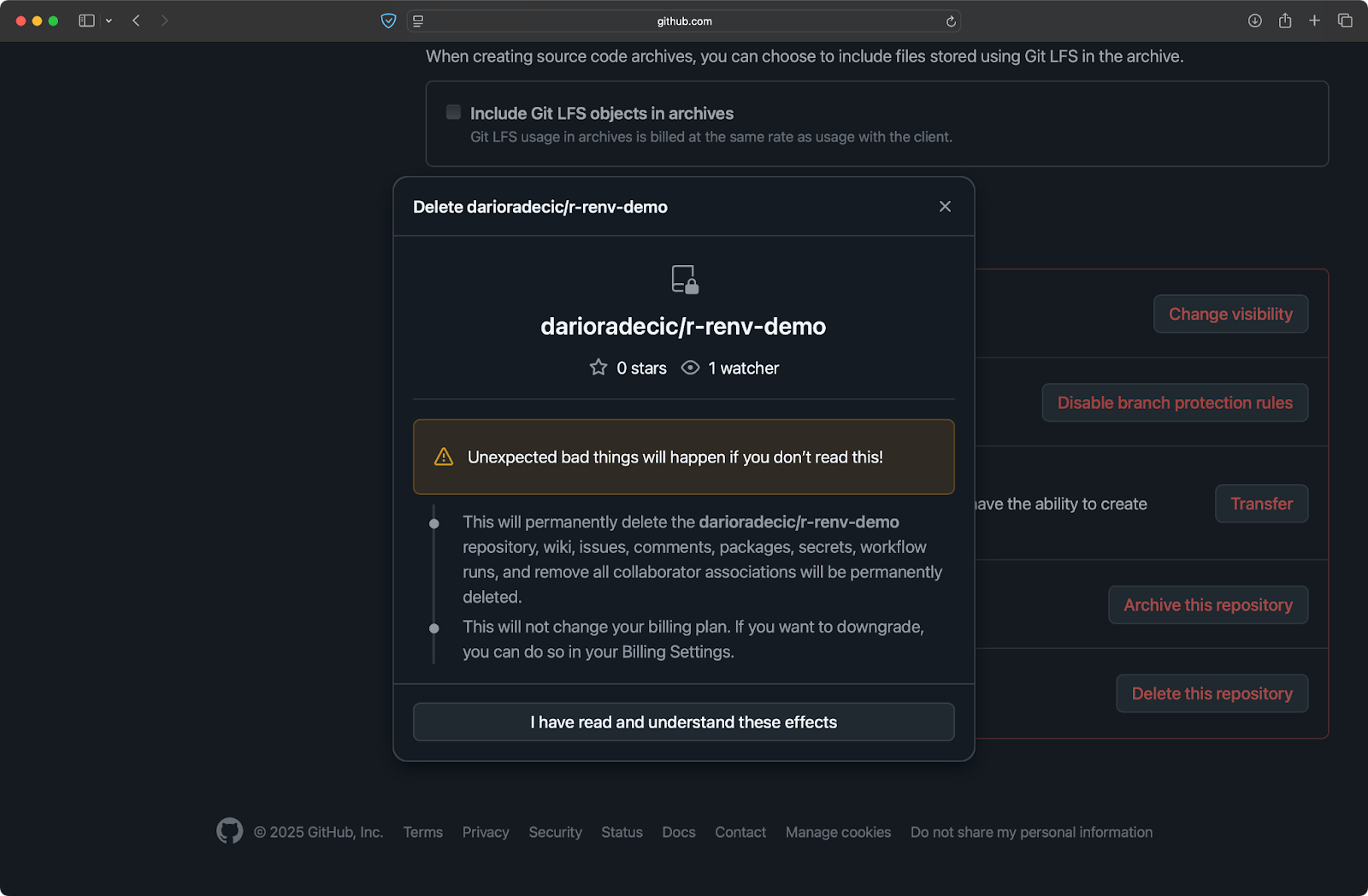Image 4 - Initiating a GitHub repo deletion (2)