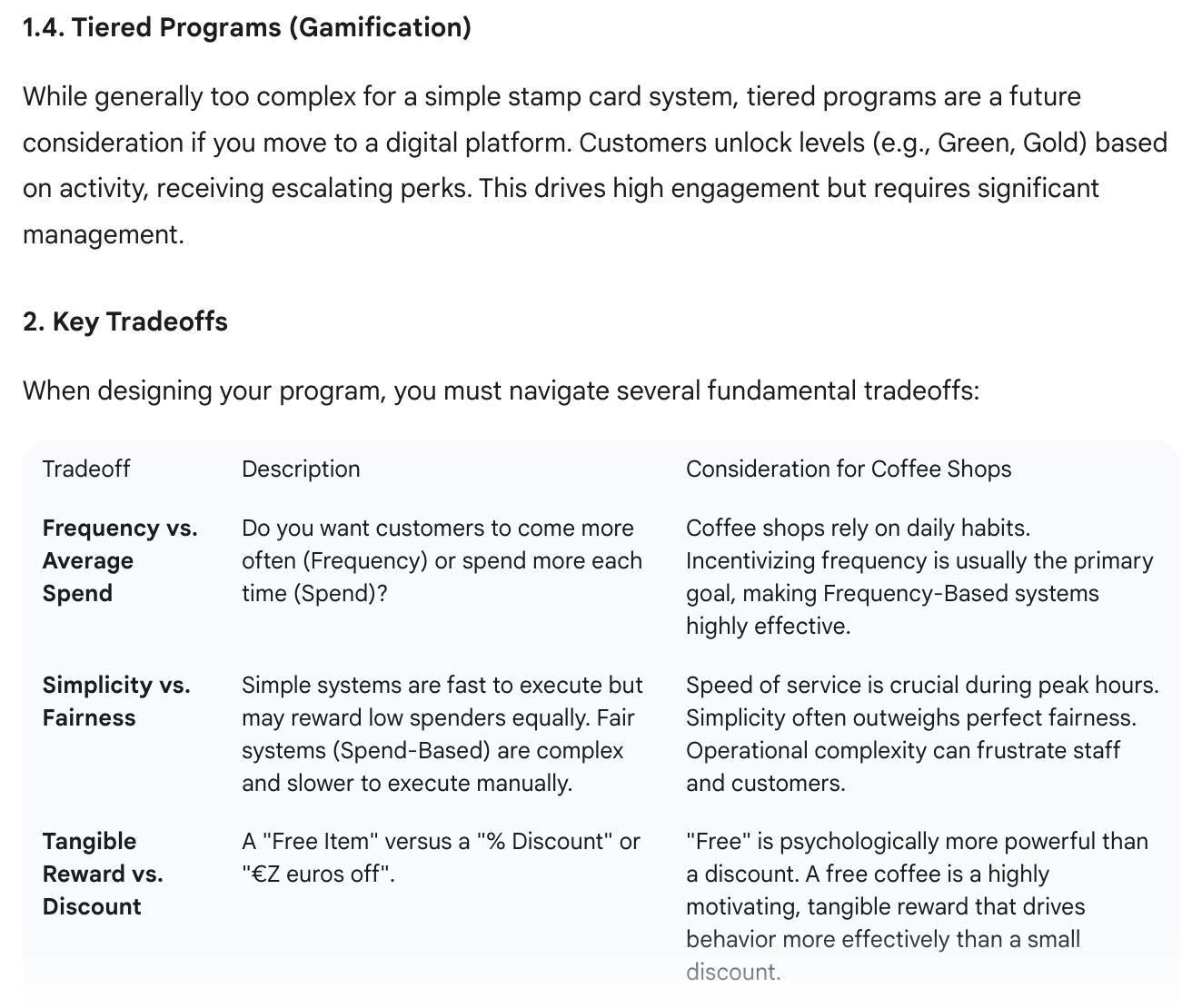 Tiered loyalty program strategy and key tradeoffs for coffee shops, highlighting gamification, frequency vs. spend, simplicity vs. fairness, and reward types.