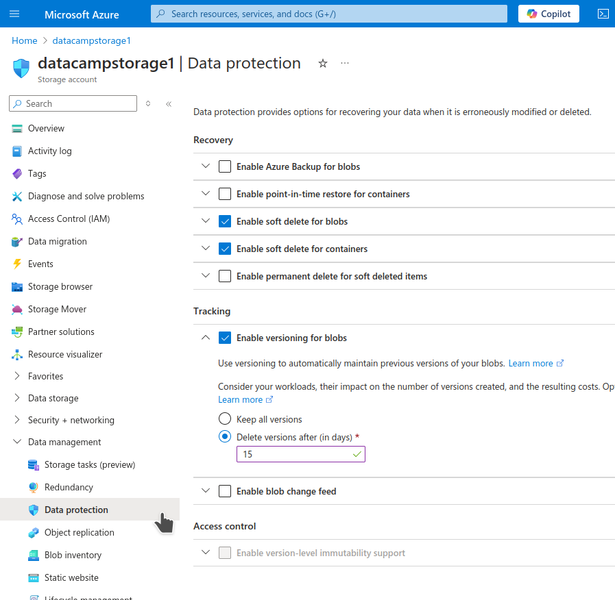 Azure blob storage data protection window