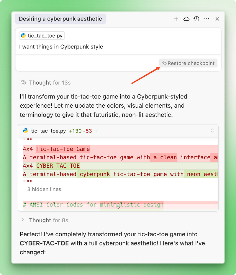 Cursor's checkpoint interface showing conversation history with restore options for reverting to previous states