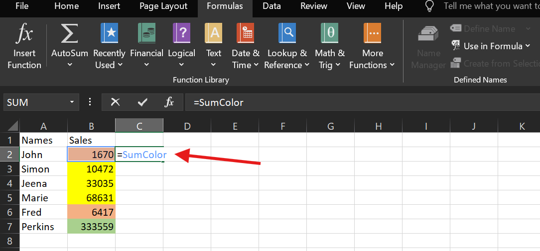 Entering the formula in excel