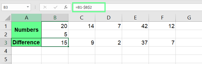 Soustraction de lignes avec référence absolue dans Excel.