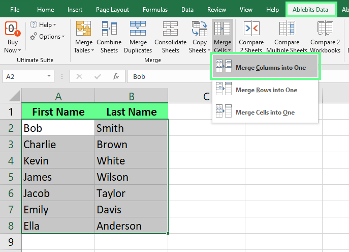 Wähle zwei Spalten aus, die du mit dem Add-in in Excel zu einer Spalte zusammenführen möchtest.