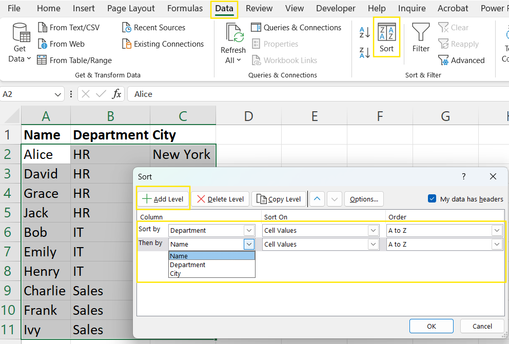 Mit dem Dialogfeld "Sortieren" kannst du mehrere Spalten in Excel alphabetisch ordnen.