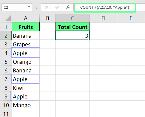 Contagem de células com texto usando COUNTIF() no Excel.