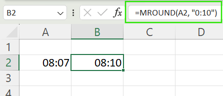 Using MROUND() function to round time to the nearest minute in Excel.