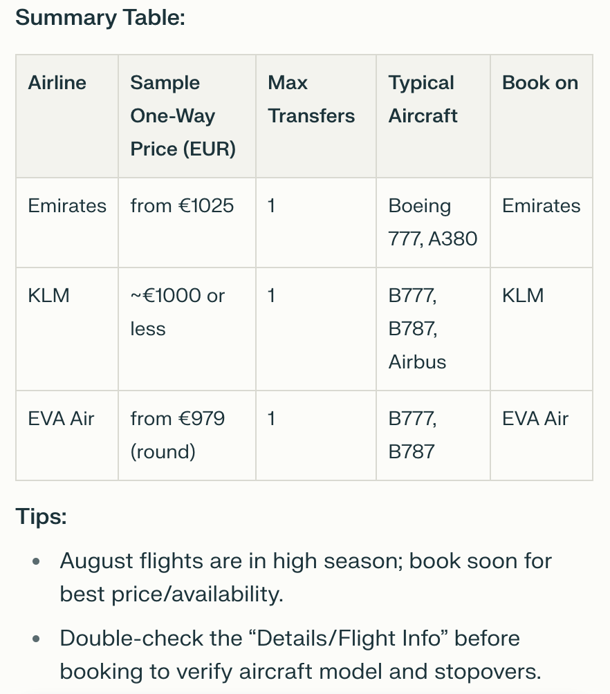 Tabla resumen de opciones de vuelo destacando las aerolíneas Emirates, KLM y EVA Air, con detalles sobre precios, traslados máximos, aviones típicos y plataformas de reserva.
