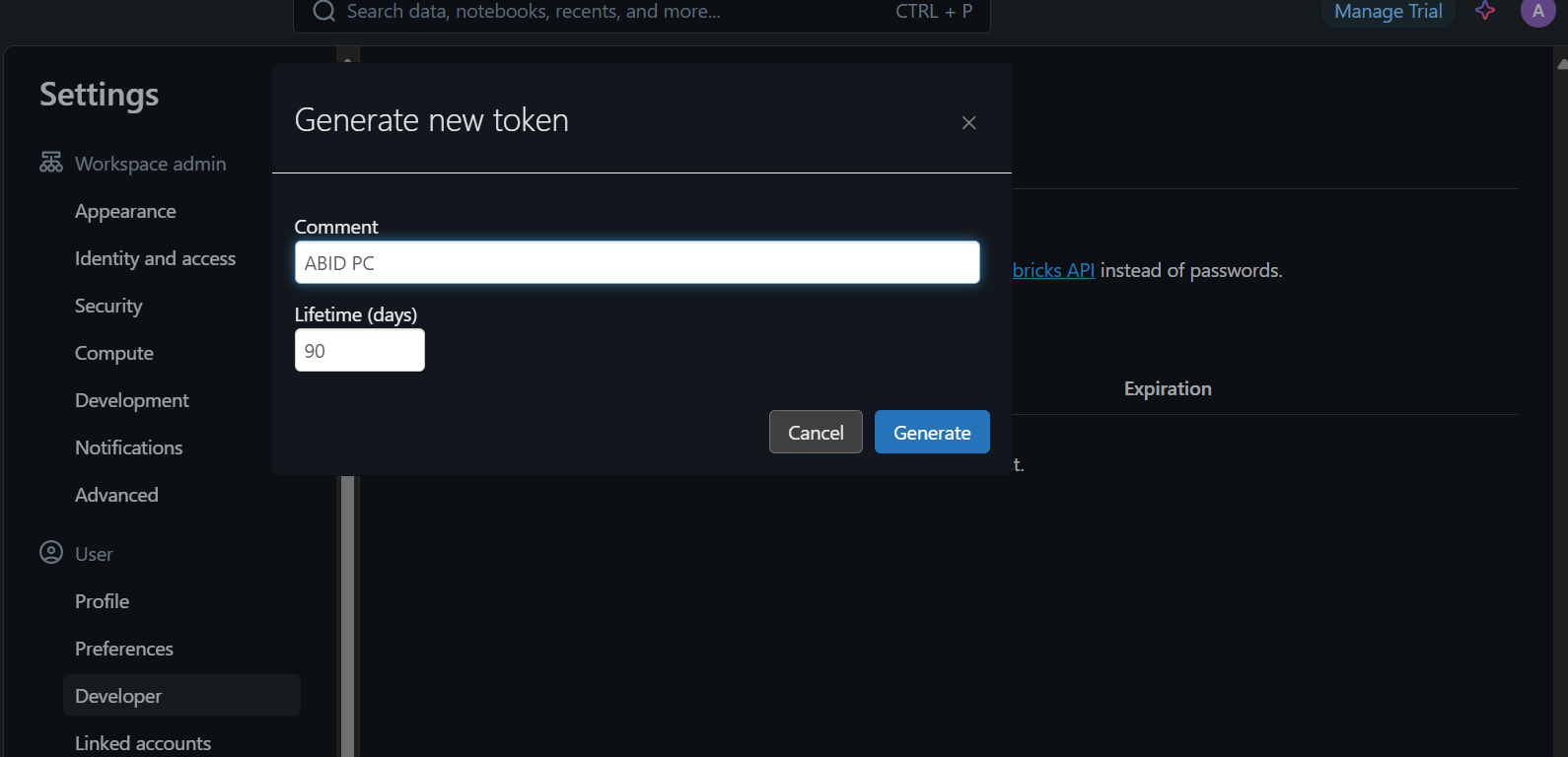 Geração do token da API da Databricks.