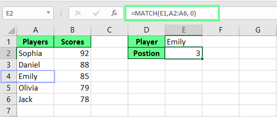 Finding the position of a text using the MATCH function in Excel.