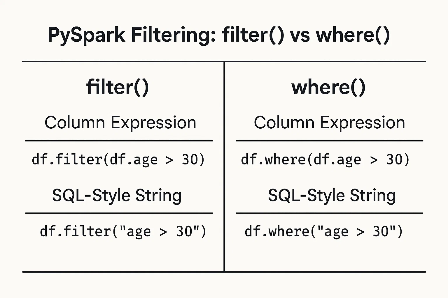 A side-by-side diagram showing examples of PySpark filtering using filter() vs where() with both column expressions and SQL-style strings.