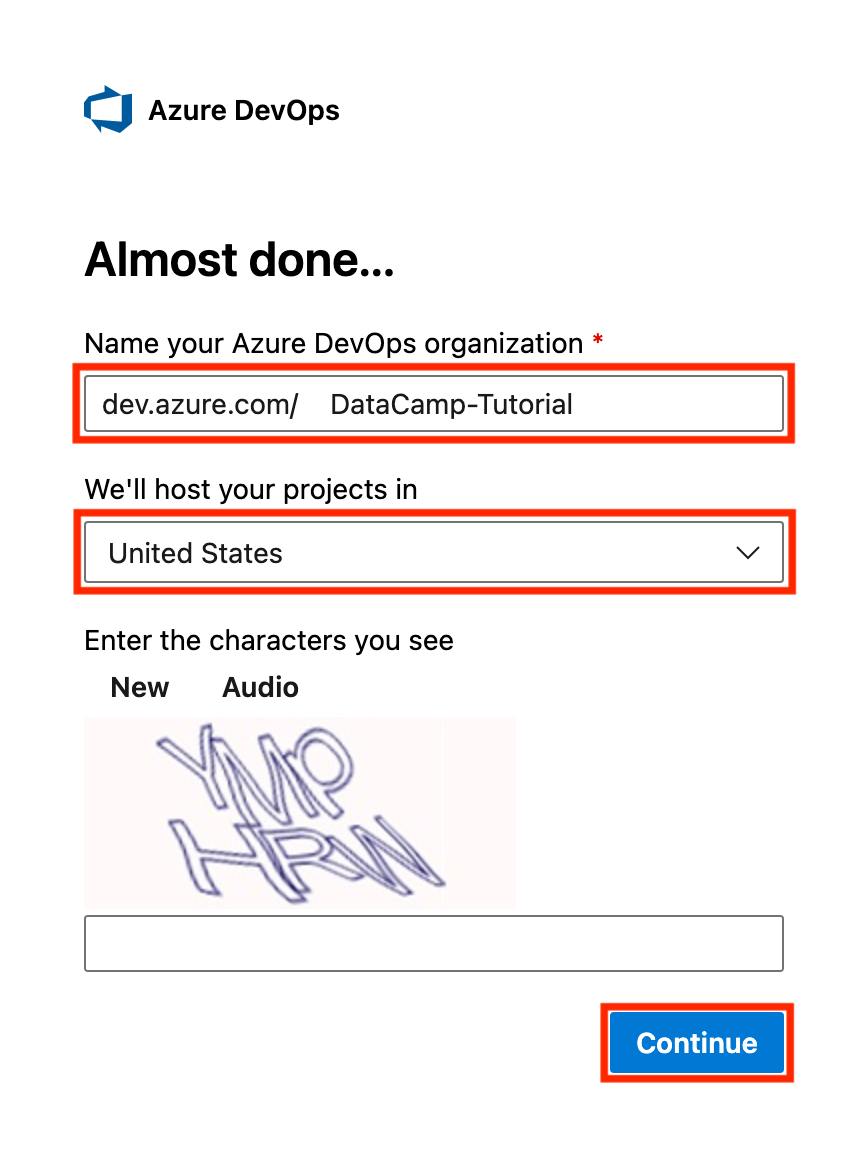 Creating an organization in Azure DevOps is easy. Follow these steps:

Enter a name for your new organization.

Select your preferred region to host the organization.

Confirm your choices and click "Continue" to finalize the setup.