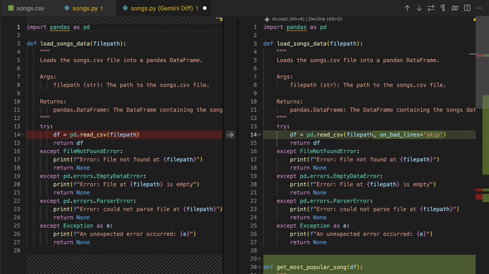 Diffs in Gemini Code Assist
