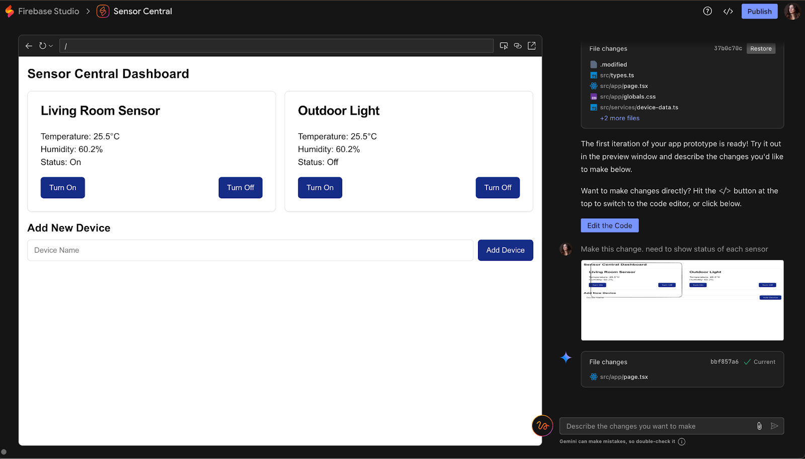 Firebase Studio Updated Dashboard, with status property