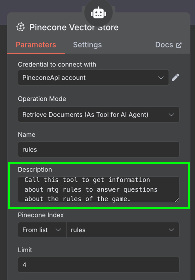 Configuration of the Pinecone Vector store tool for the AI agent in n8n