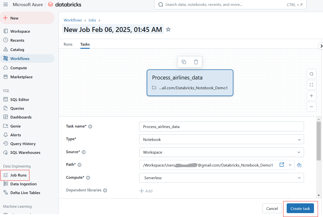 Criação de execução de trabalho no Databricks Notebook.