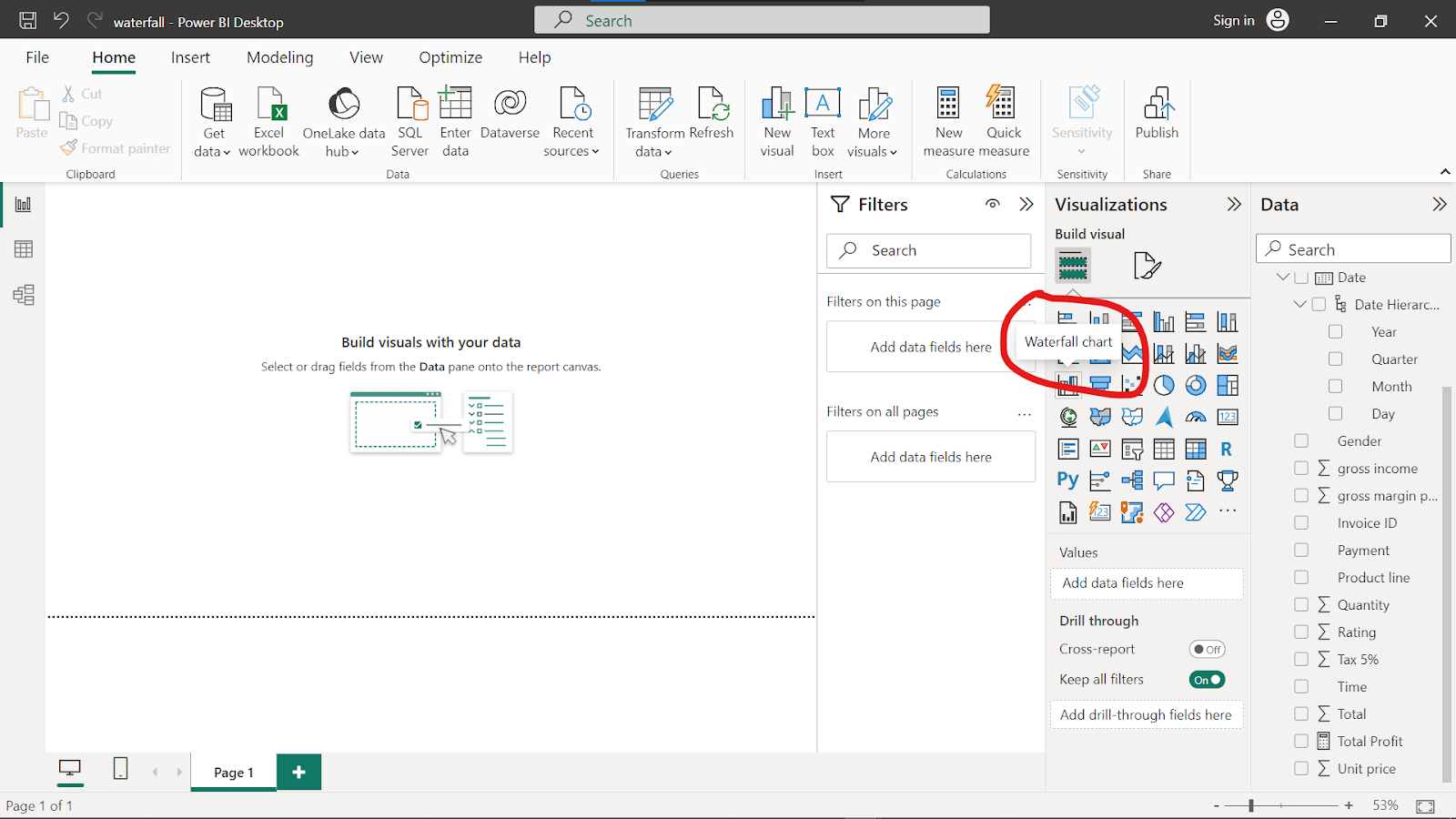 Image showing the waterfall chart icon on the visualizations pane