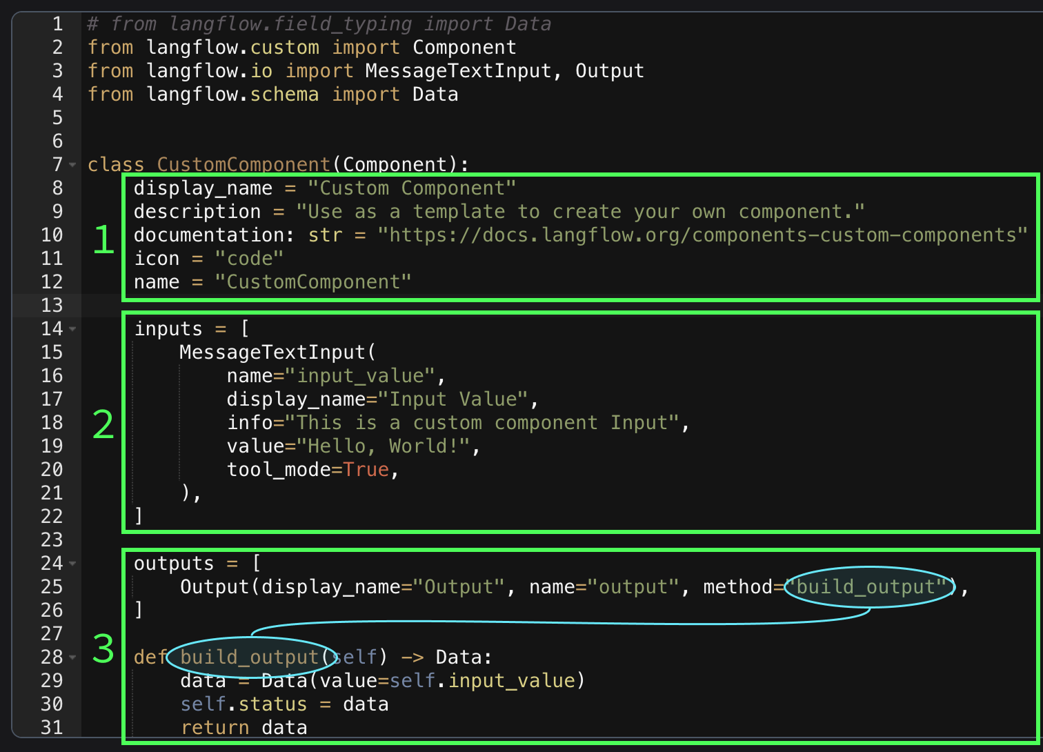 Explanation of the default code in langflow