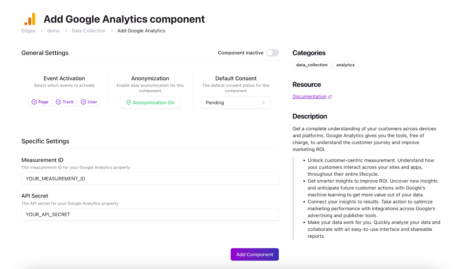 Como adicionar um componente do Google Analytics ao seu projeto do Edgee
