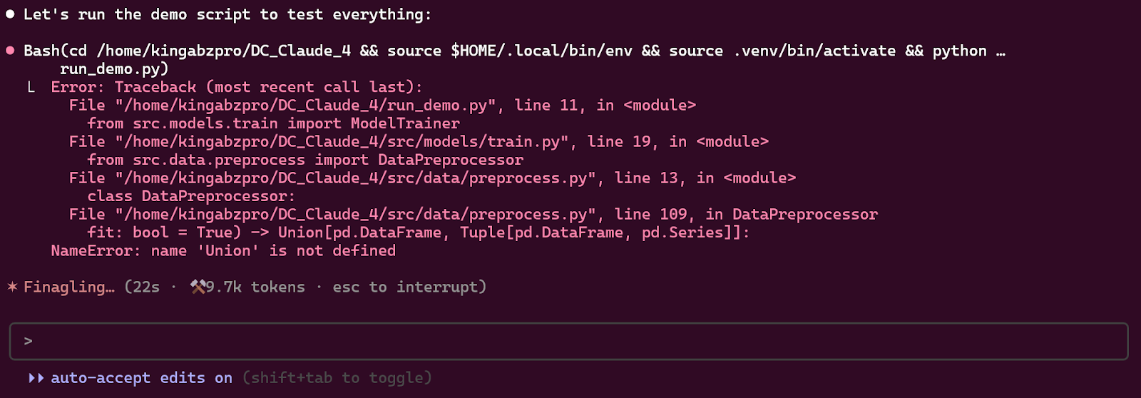 Claude code runs a testing script to make sure the code is working as expected.