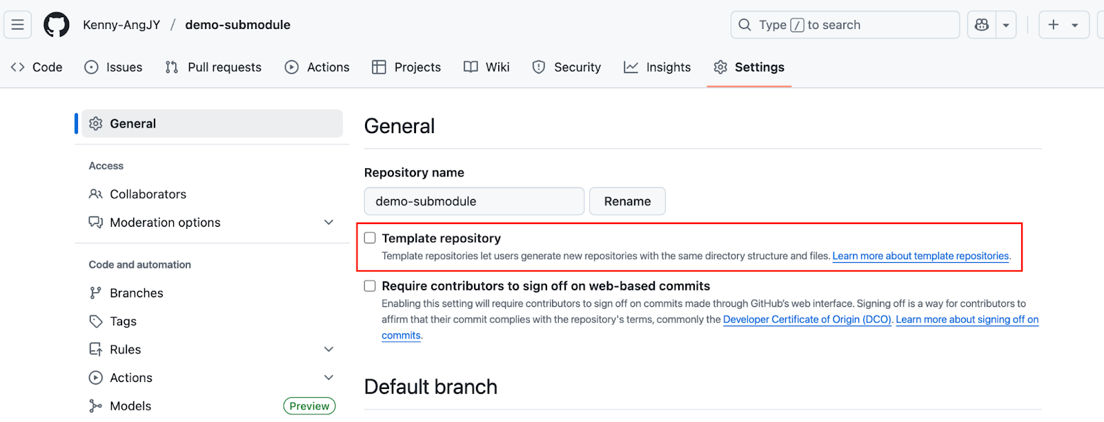 Template repository setting