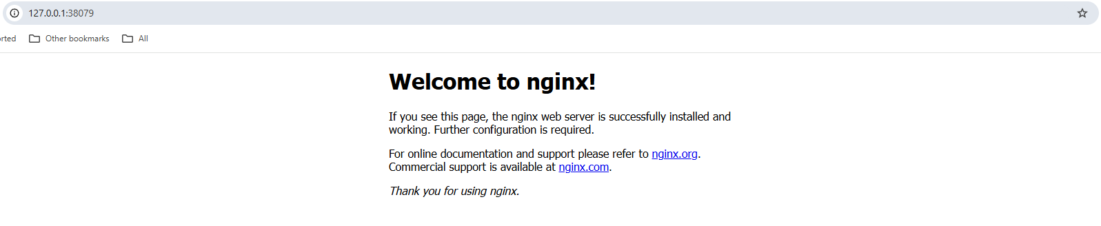 Screenshot of an nginx web server welcome page in a local browser.