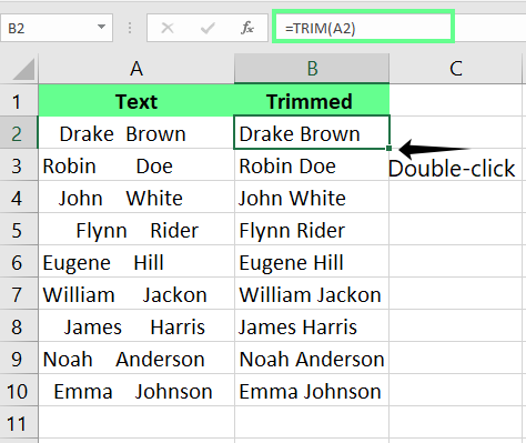 Entfernen aller zusätzlichen Leerzeichen mit der TRIM-Funktion in Excel.