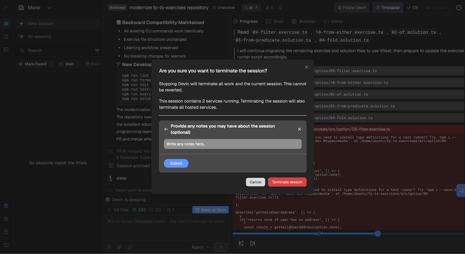 terminating a devin session