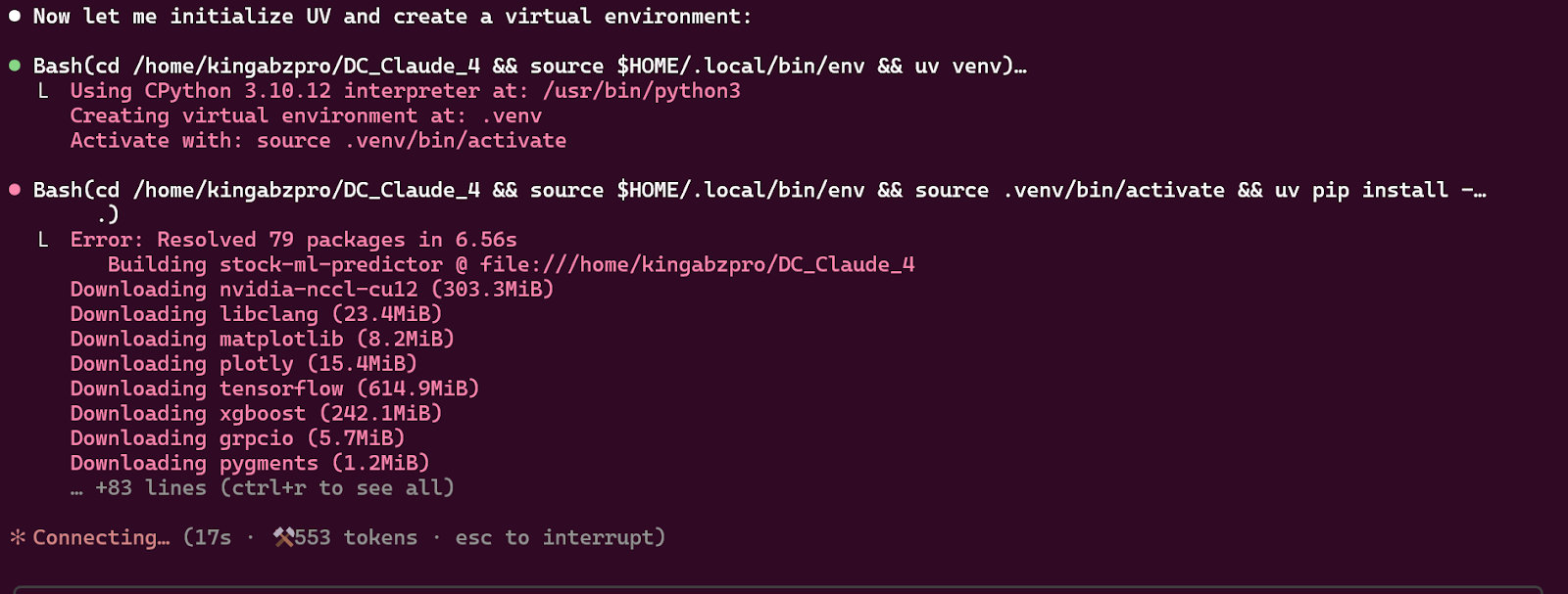Claude Code tried to run the data processing script but failed. After that, it fixed the issue.