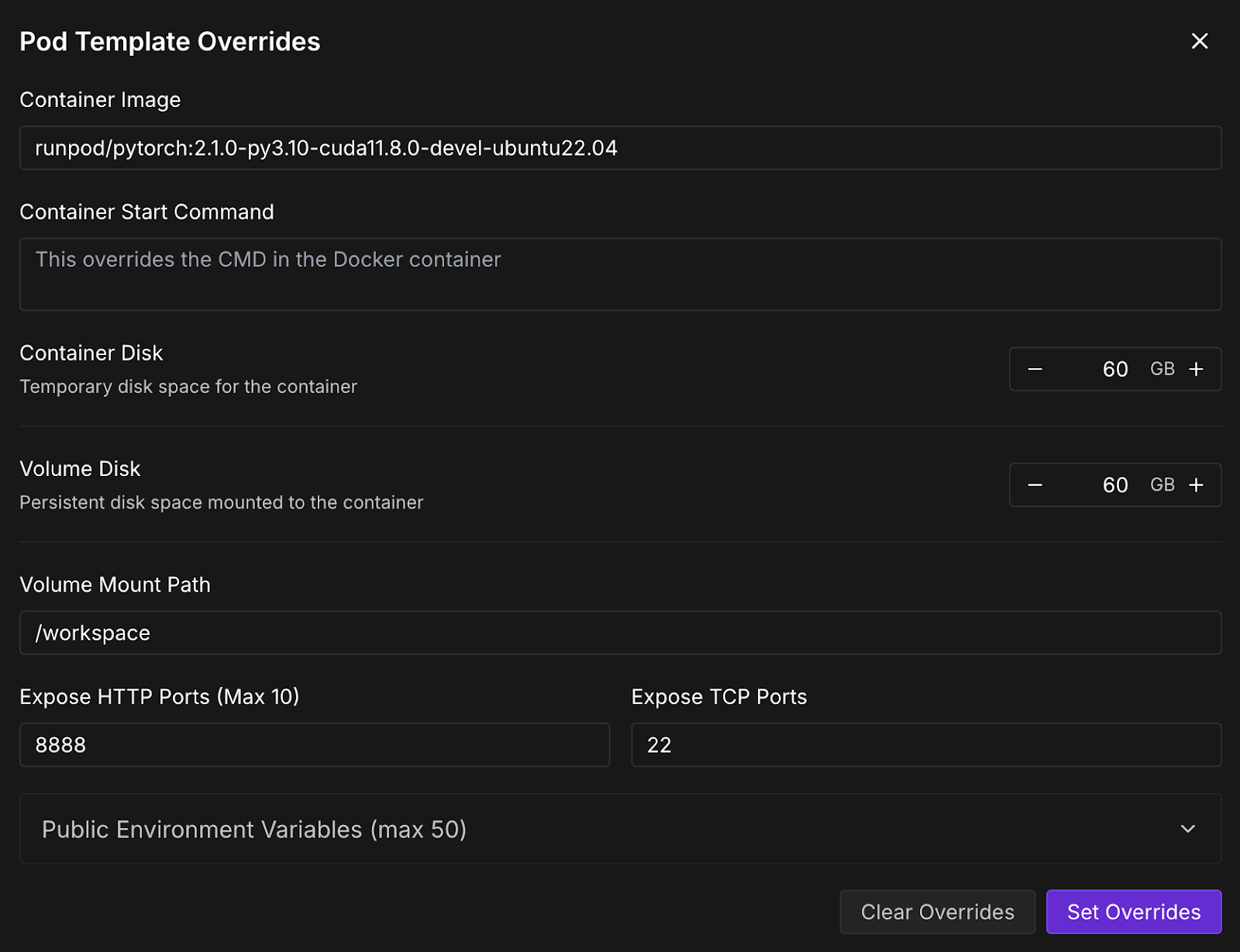 Pod template settings