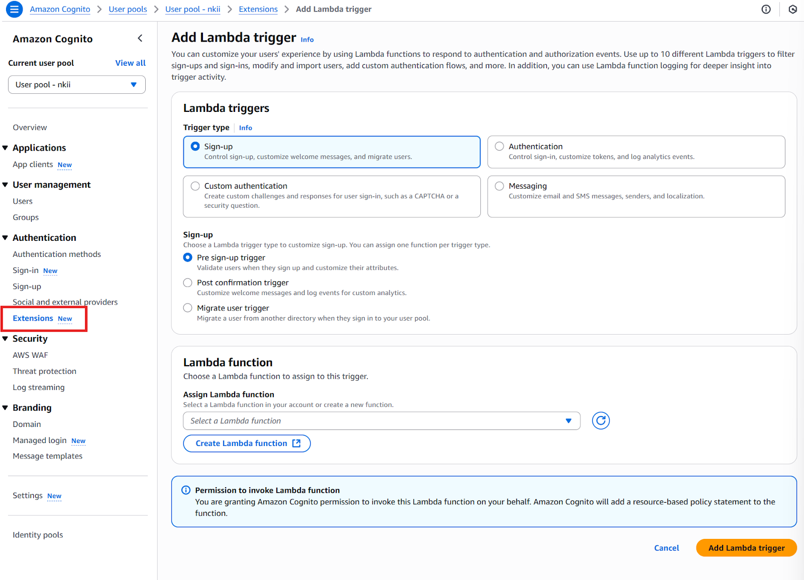 Déclencheurs Lambda pour les pools d'utilisateurs AWS Cognito