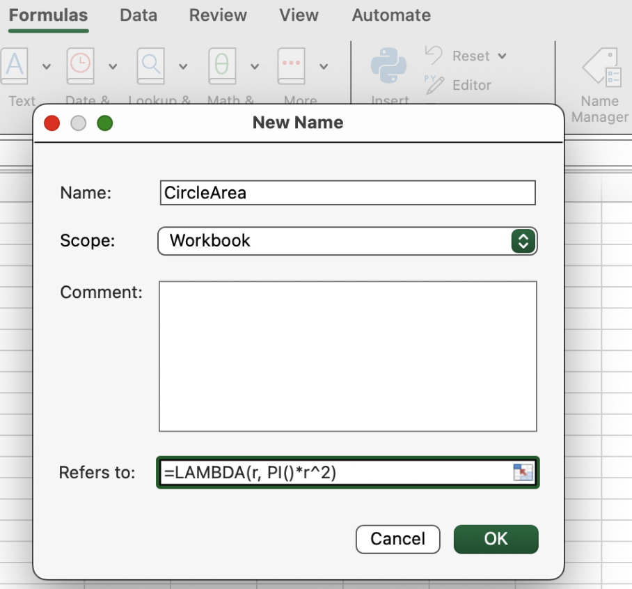 Função LAMBDA do Excel para um círculo
