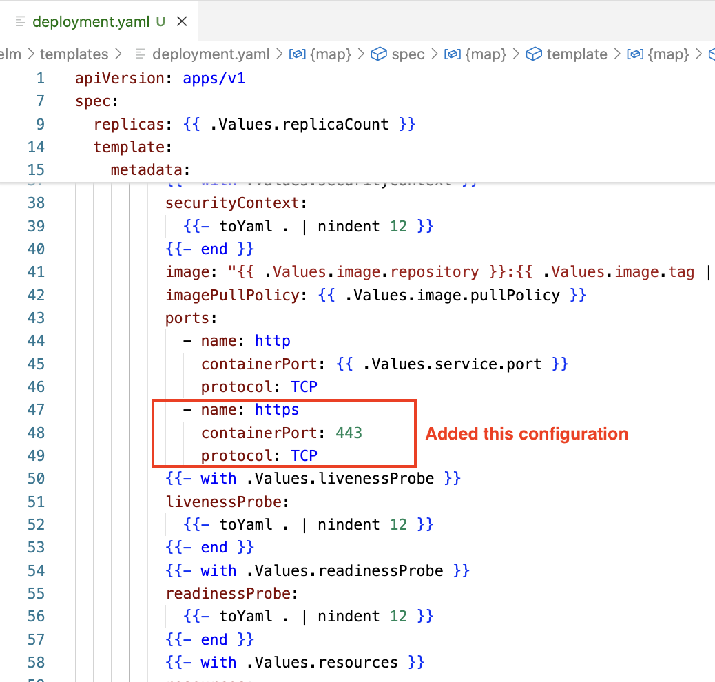 Você adicionou uma porta ao contêiner em deployment.yaml