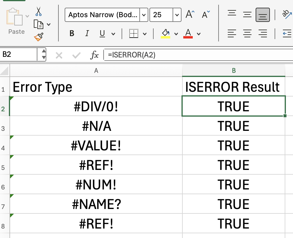 Excel ISERROR verschiedene Arten von Fehlern